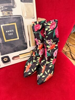 Aldo Black Floral Pointed Sock Boots with Pink & Orange Flowers